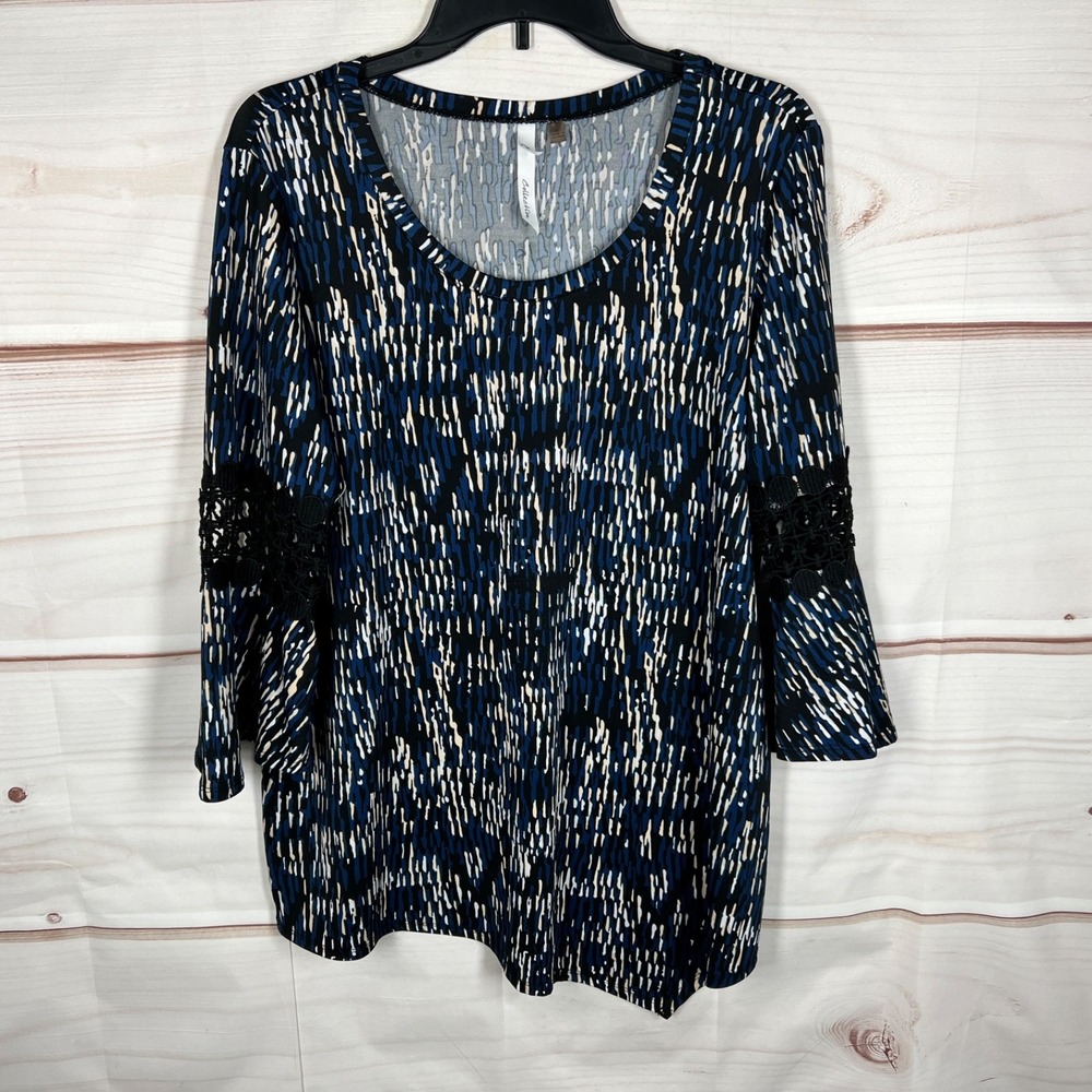 NY Collection Top Womens Large Blue Print Blouse Tunic Asymmetrical Lace Trim
